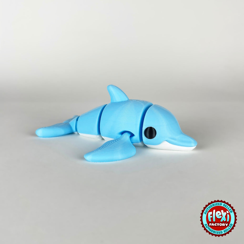 Cute dolphin keychain, 3D printed by RU3D – profile view facing right. Sky blue with white belly.
