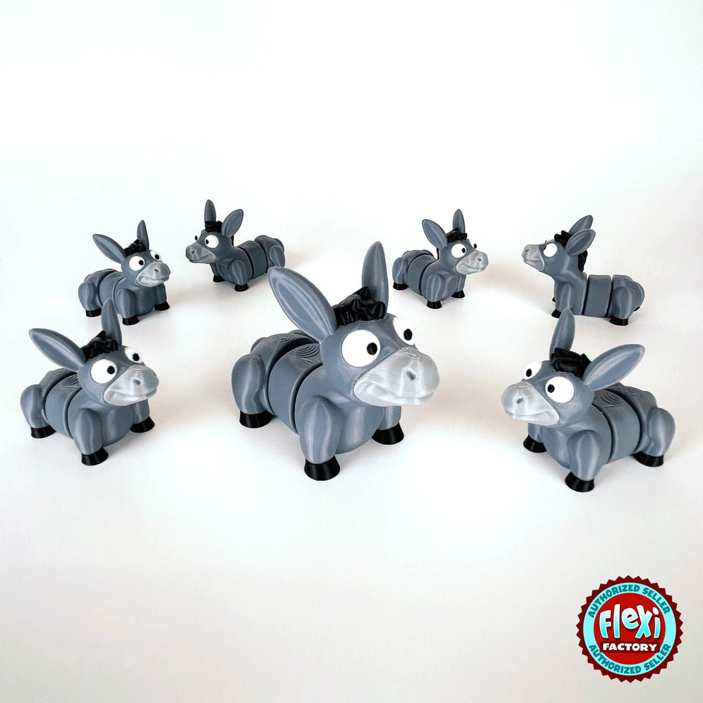 Cute donkey keychain, 3D printed by RU3D – group of donkeys. Grey with black mane and hooves.