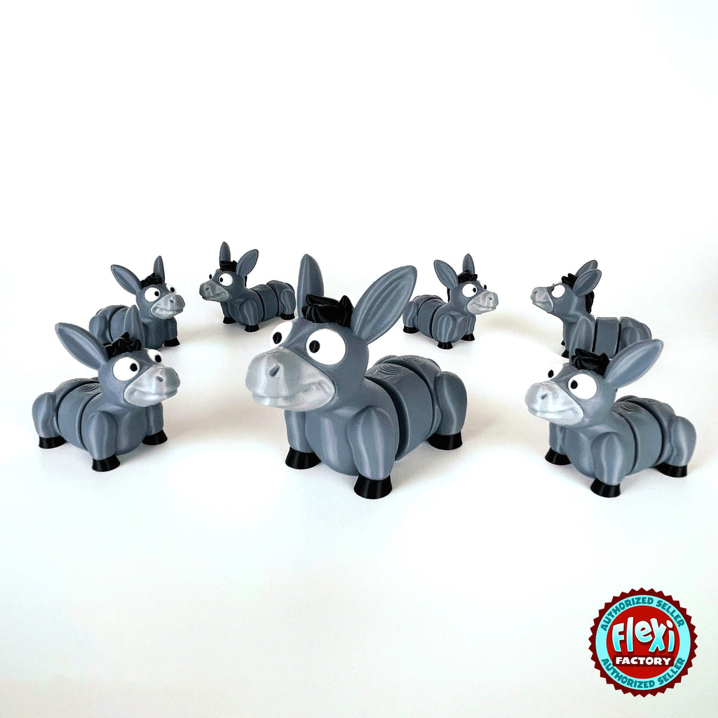 Cute donkey keychain, 3D printed by RU3D – herd of donkeys. Grey with black mane and hooves.