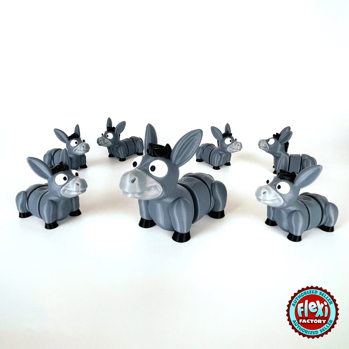 Cute donkey keychain, 3D printed by RU3D – herd of donkeys. Grey with black mane and hooves.