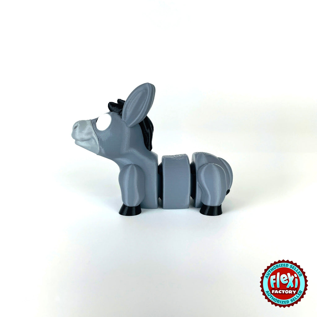 Cute donkey keychain, 3D printed by RU3D – side view facing left. Grey with black mane and hooves.