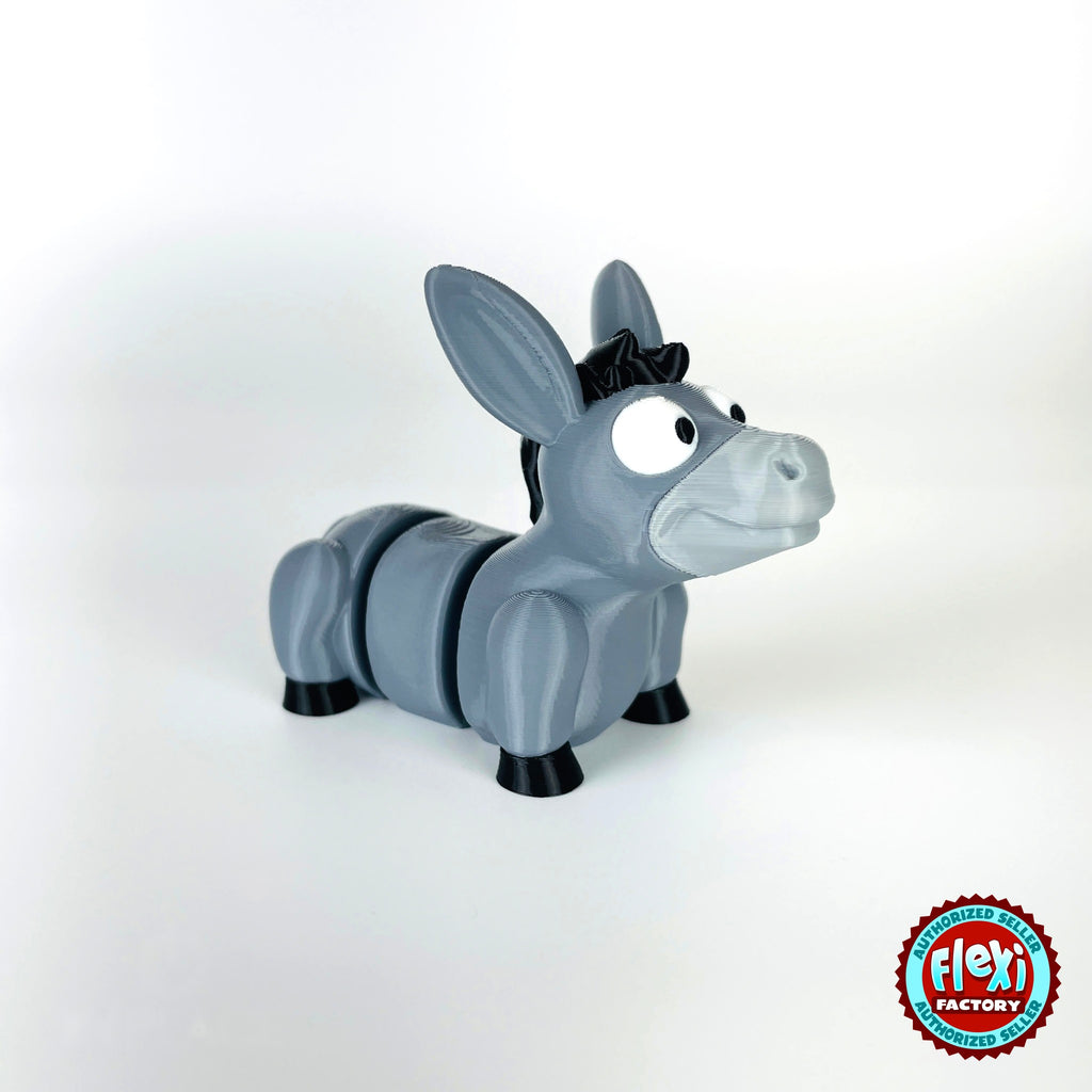 Cute donkey keychain, 3D printed by RU3D – three quarter view facing right. Grey with black mane and hooves.