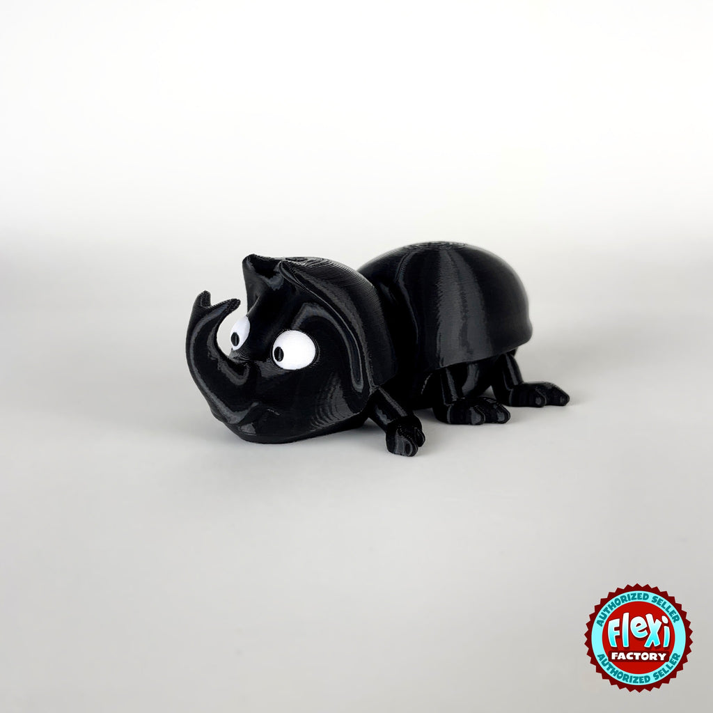 Cute dung beetle keychain, 3D printed by RU3D – three quarter view facing left. Black rhino beetle with brown dung ball.