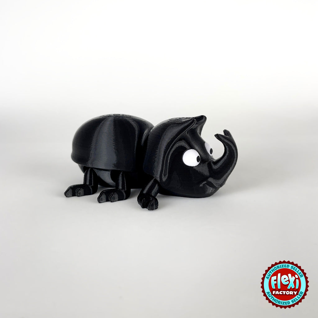 Cute dung beetle keychain, 3D printed by RU3D – three quarter view facing right. Black rhino beetle with brown dung ball.