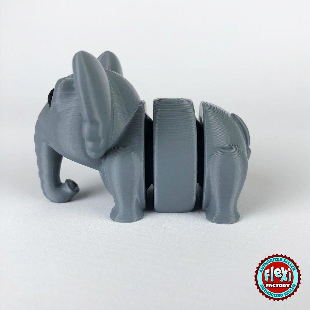 Cute elephant keychain, 3D printed by RU3D – dark eyes side view facing left. Grey.