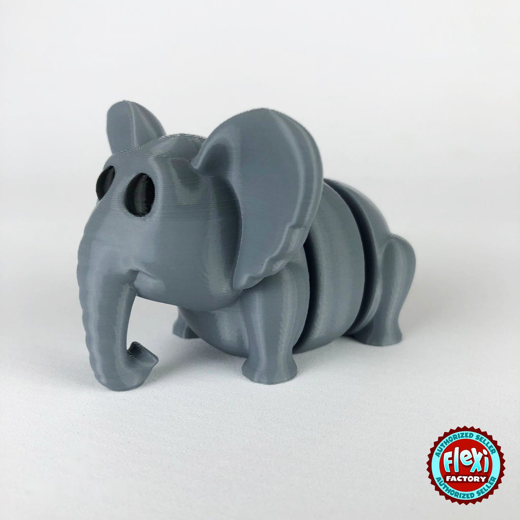 Cute elephant keychain, 3D printed by RU3D – dark eyes three quarter view facing left. Grey.