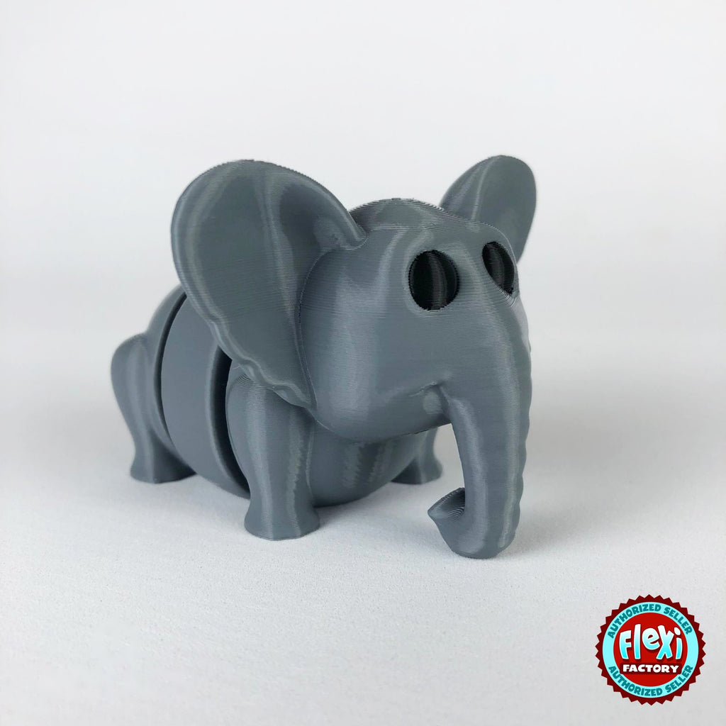 Cute elephant keychain, 3D printed by RU3D – dark eyes three quarter view facing right. Grey.