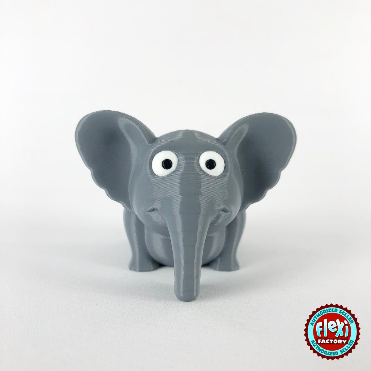 Cute elephant keychain, 3D printed by RU3D – front view ears out. Grey.