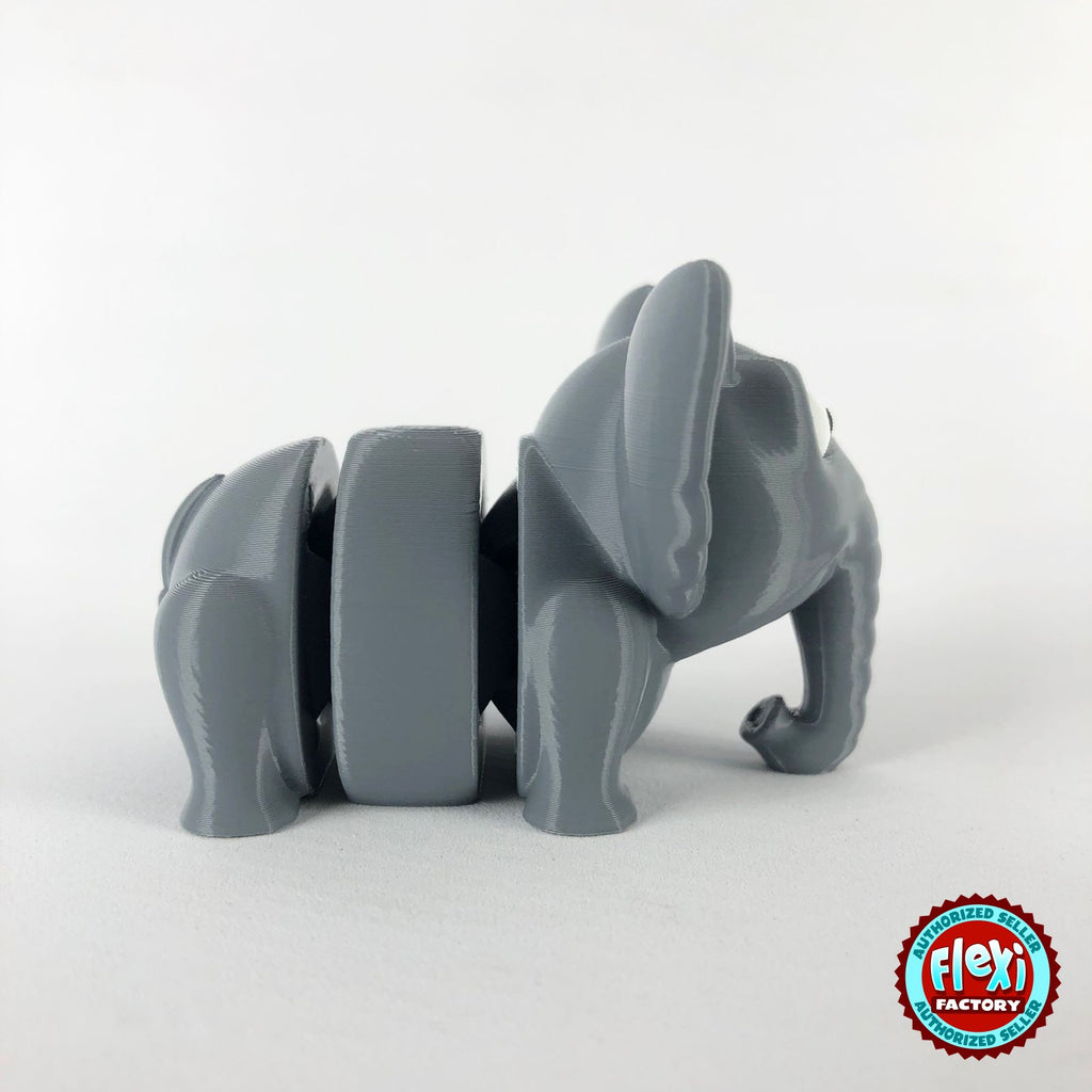 Cute elephant keychain, 3D printed by RU3D – side view facing right. Grey.
