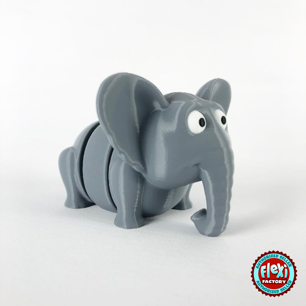Cute elephant keychain, 3D printed by RU3D – three quarter view facing right. Grey.