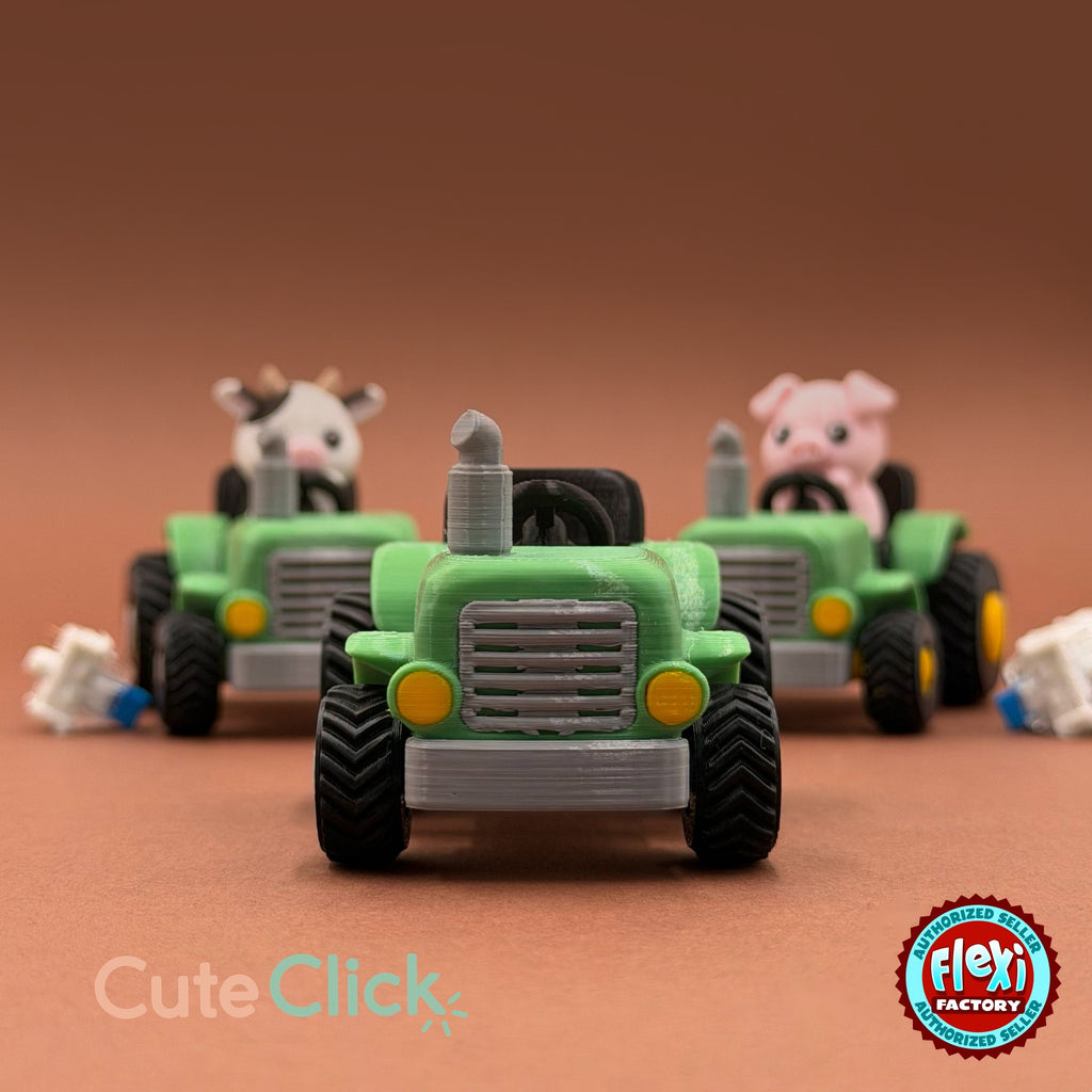 Cute farm tractor keychain, 3D printed by RU3D – front view with cow and pig tractors. Green and grey with cow and pig drivers.