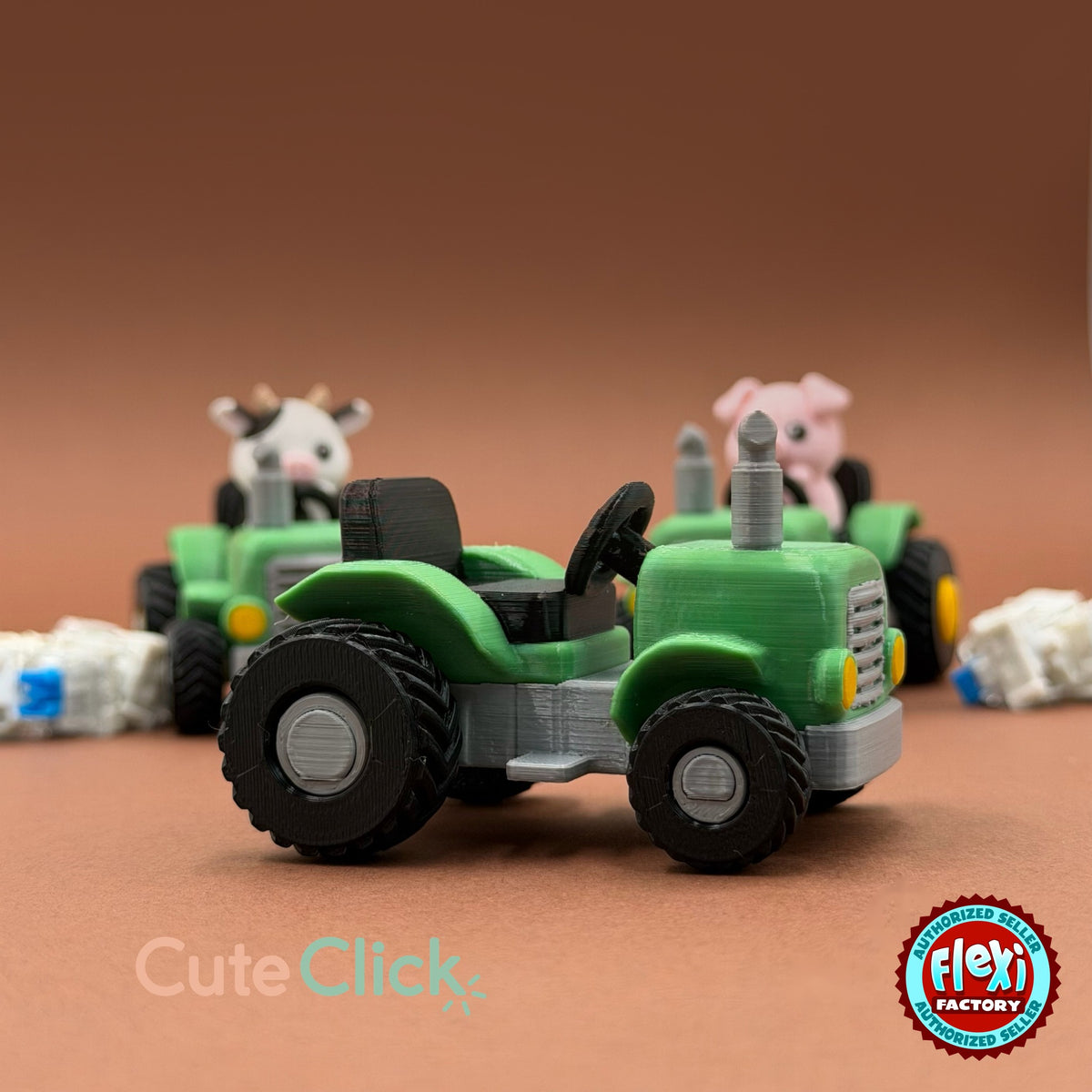 Cute farm tractor keychain, 3D printed by RU3D – three quarter view with farm friends. Green and grey with cow and pig drivers.