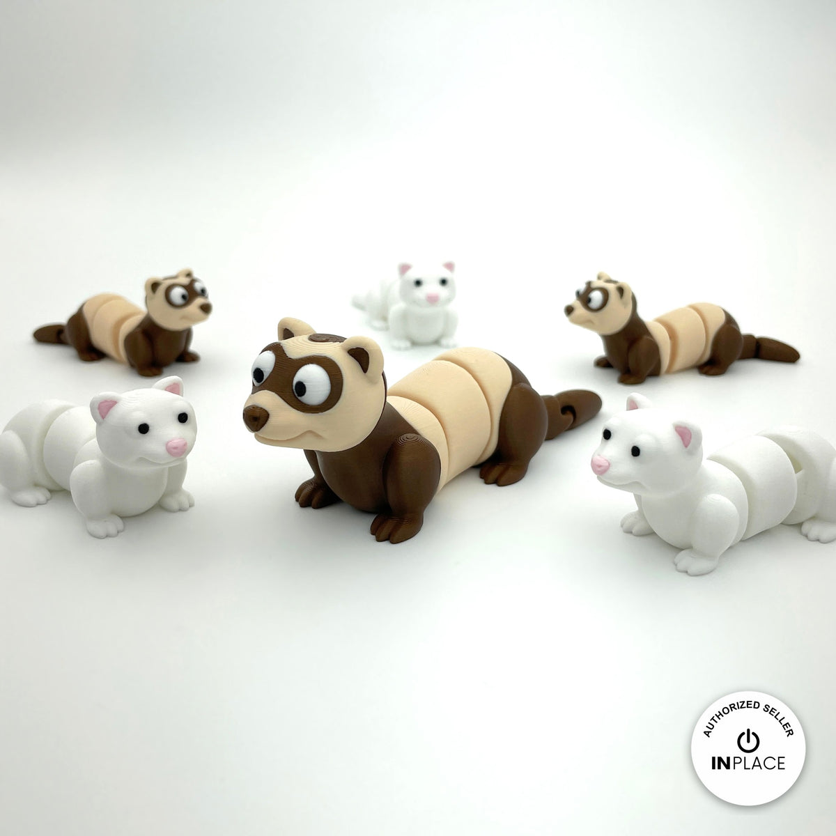 Cute ferret keychain, 3D printed by RU3D – group of brown and white ferrets. Brown and cream, also in white.