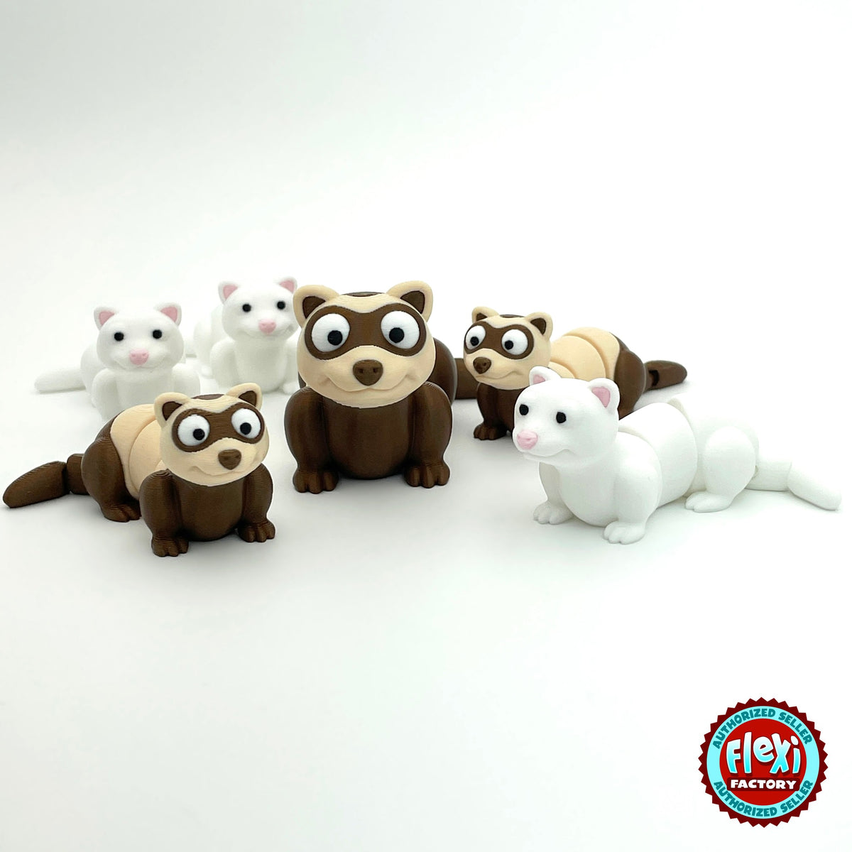 Cute ferret keychain, 3D printed by RU3D – group of ferrets front view. Brown and cream, also in white.