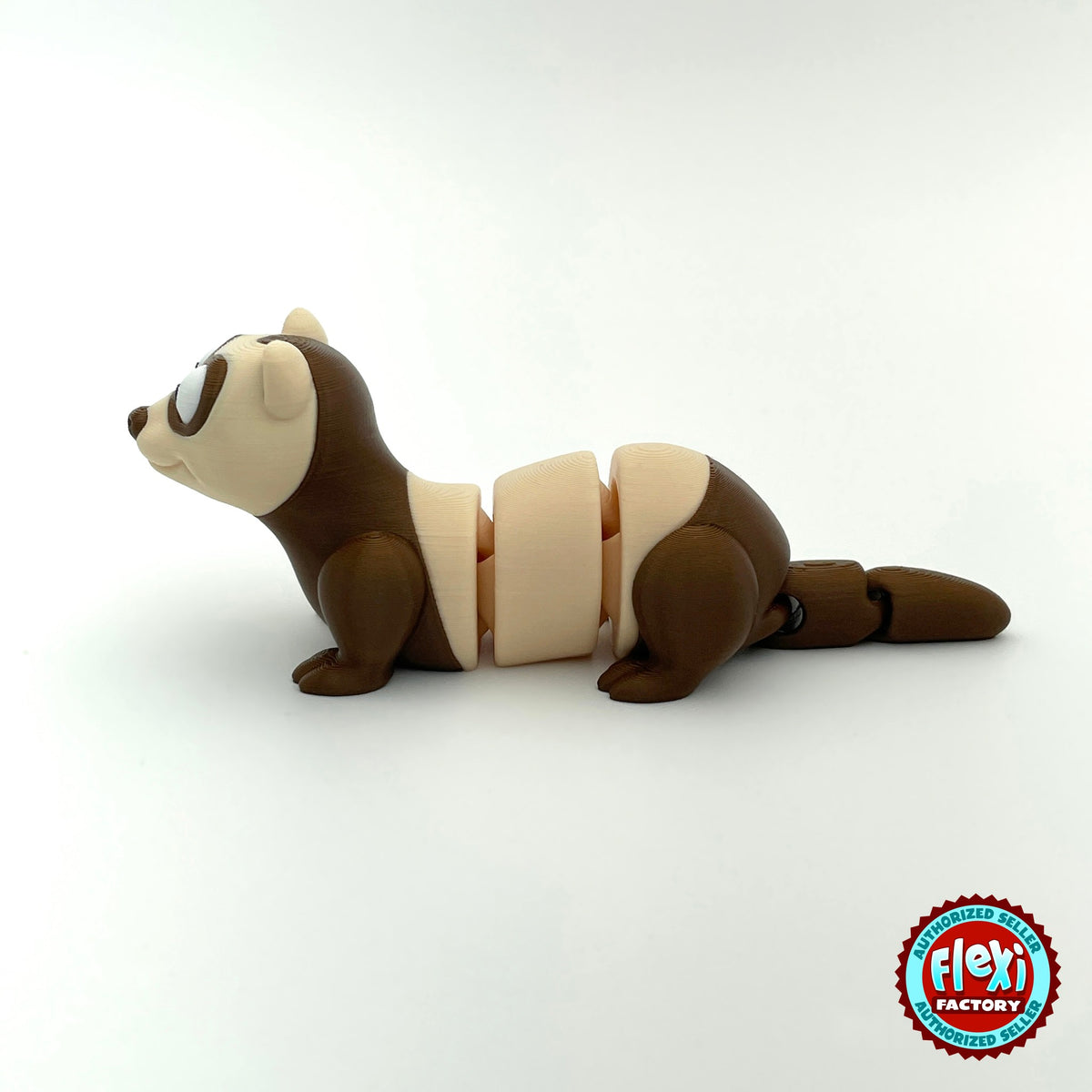 Cute ferret keychain, 3D printed by RU3D – side view facing left. Brown and cream, also in white.