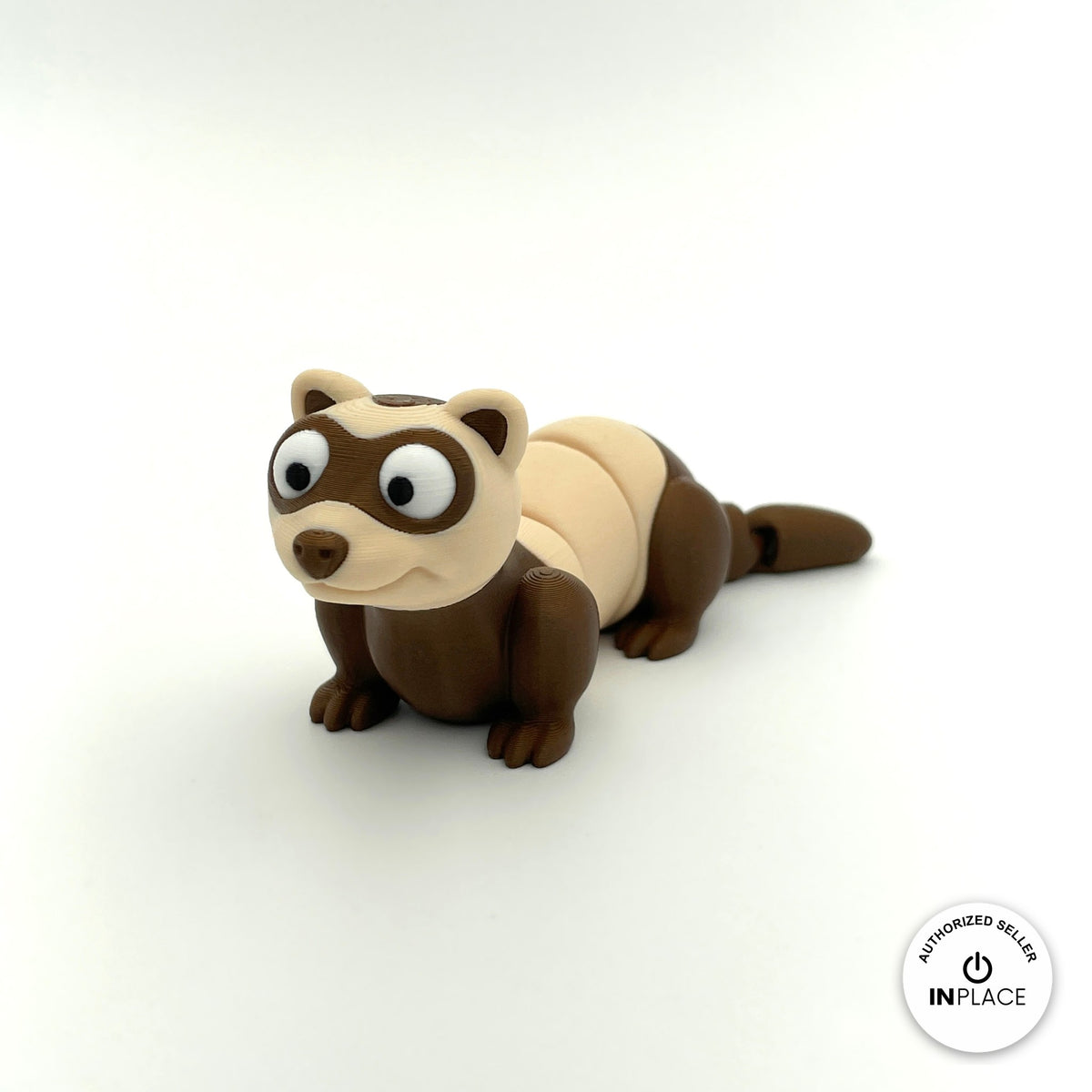 Cute ferret keychain, 3D printed by RU3D – three quarter view facing left. Brown and cream, also in white.