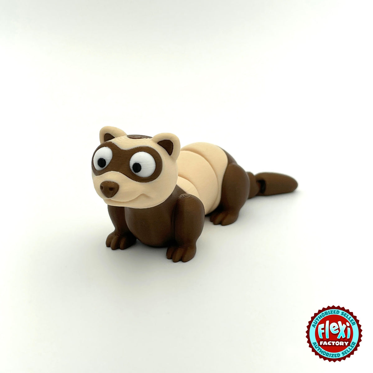 Cute ferret keychain, 3D printed by RU3D – three quarter view facing left. Brown and cream, also in white.