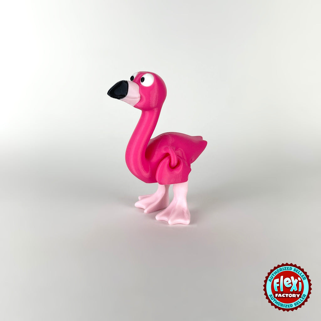 Cute flamingo keychain, 3D printed by RU3D – standing three quarter view facing left. Hot pink, also in light pink.