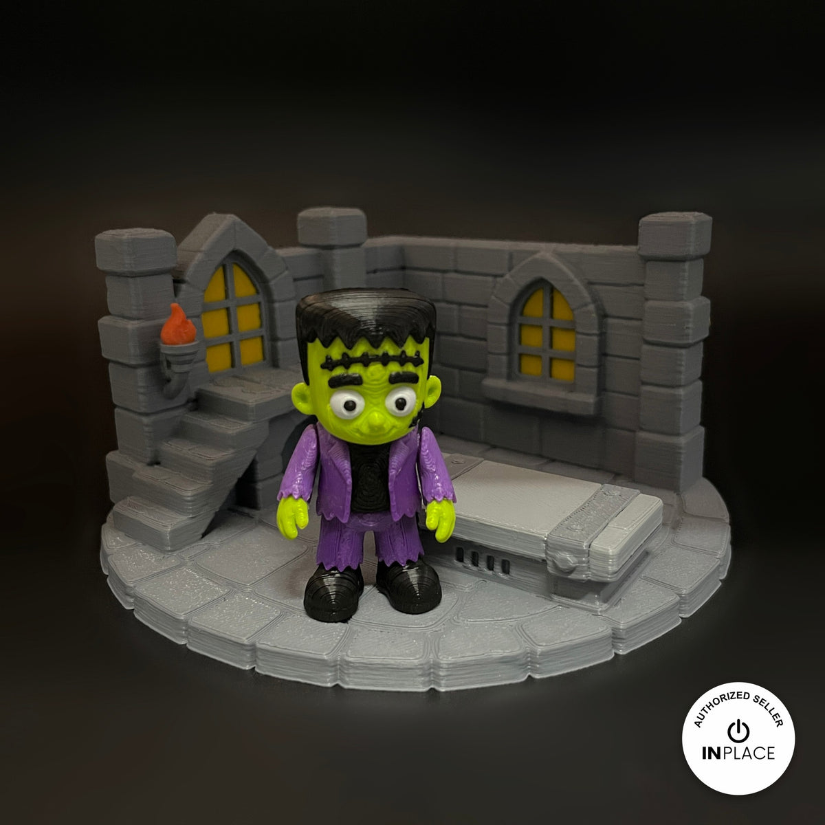 3D printed frankenstein laboratory platform by RU3D, shown with the Frankenstein keychain