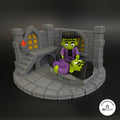 3D printed frankenstein laboratory platform by RU3D, shown with the Frankenstein keychain