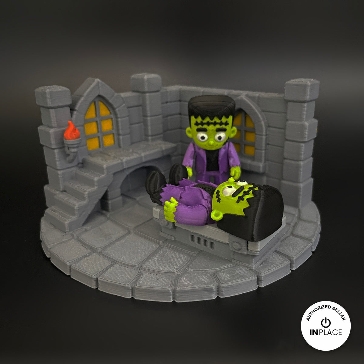3D printed frankenstein laboratory platform by RU3D, shown with the Frankenstein keychain