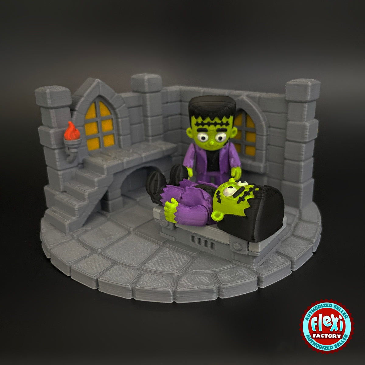Cute Frankenstein monster keychain, 3D printed by RU3D – lying on lab table with bride. Green skin, purple jacket with laboratory playset.