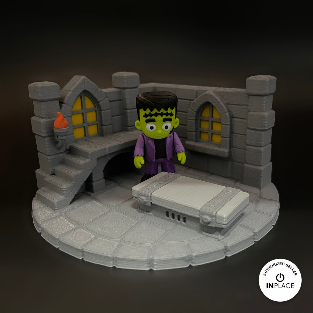 3D printed frankenstein laboratory platform by RU3D, shown with the Frankenstein keychain