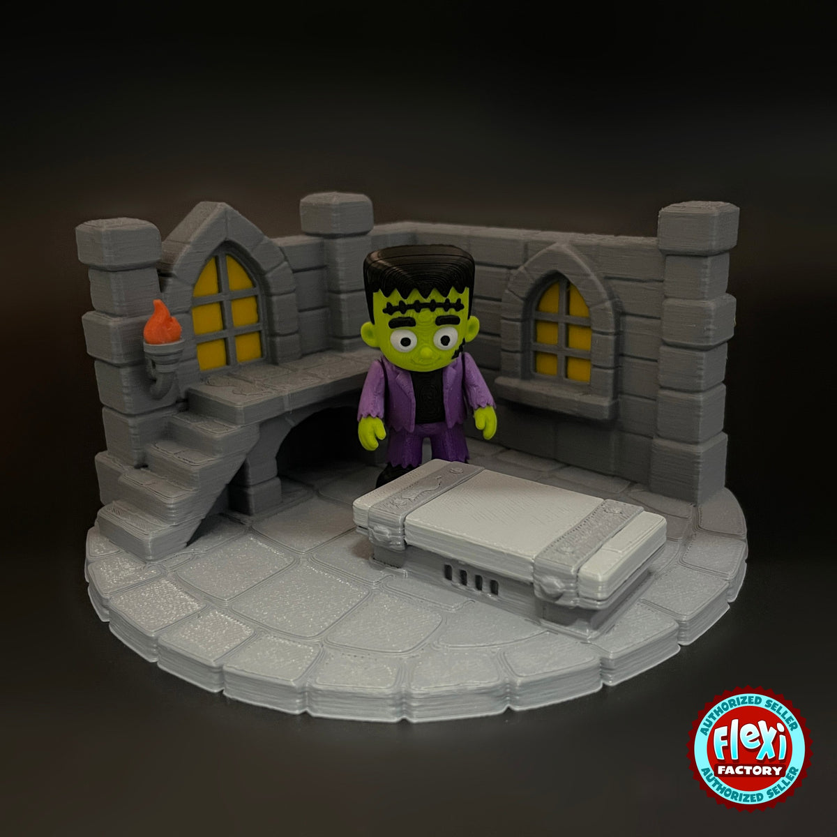 Cute Frankenstein monster keychain, 3D printed by RU3D – standing in laboratory playset. Green skin, purple jacket with laboratory playset.