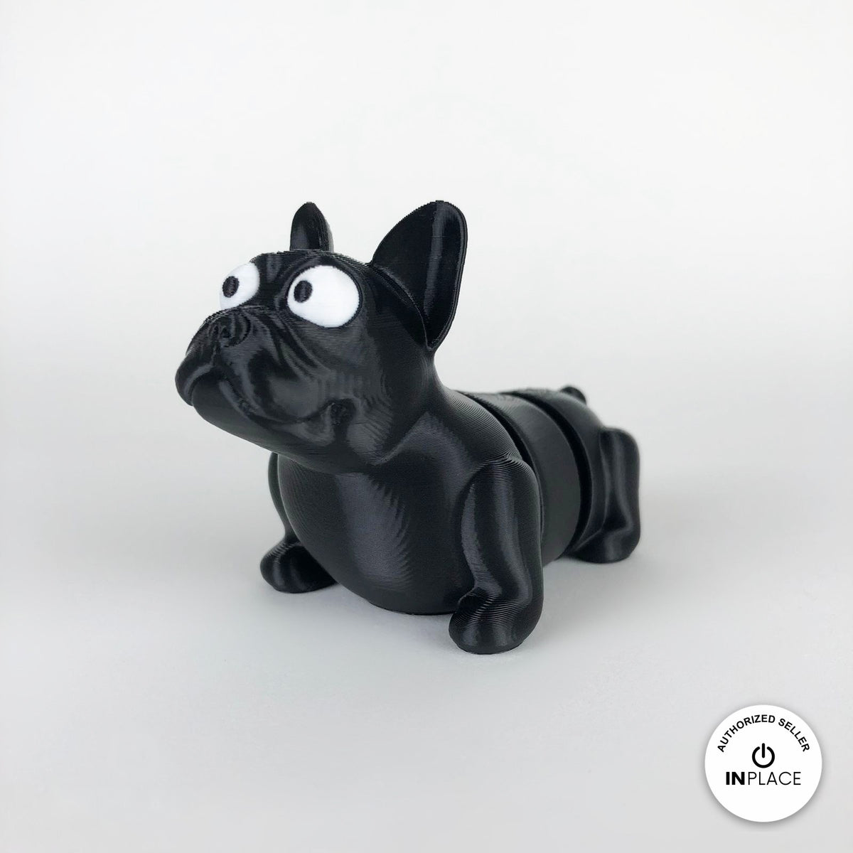 Cute French bulldog keychain, 3D printed by RU3D – black three quarter view facing left. Brown, also in black.
