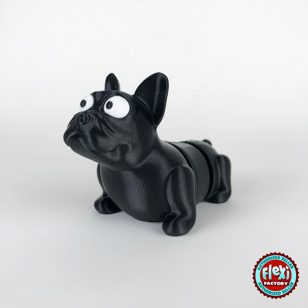 Cute French bulldog keychain, 3D printed by RU3D – black three quarter view facing left. Brown, also in black.