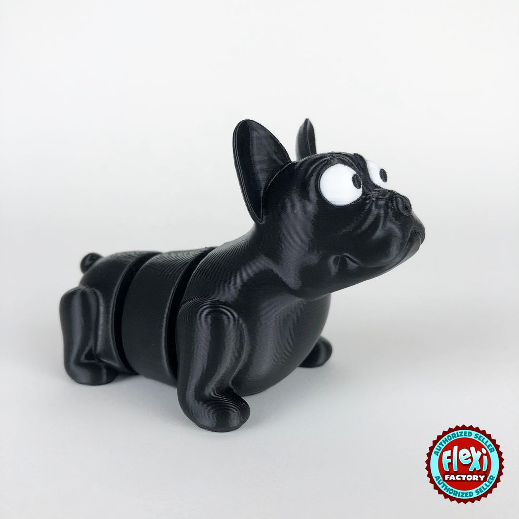 Cute French bulldog keychain, 3D printed by RU3D – black three quarter view facing right. Brown, also in black.