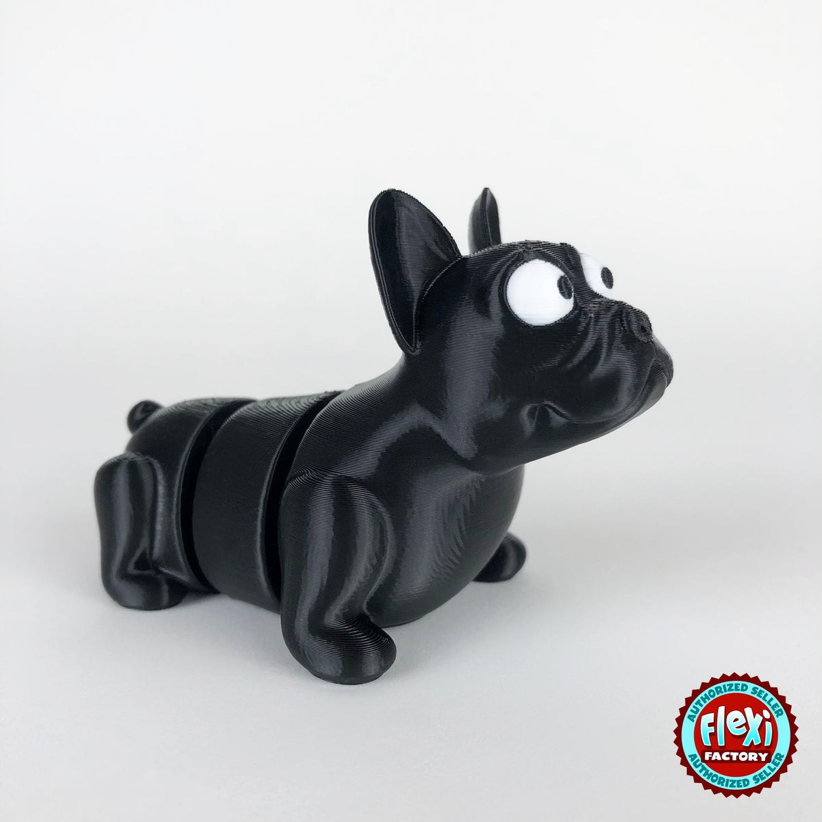 Cute French bulldog keychain, 3D printed by RU3D – black three quarter view facing right. Brown, also in black.