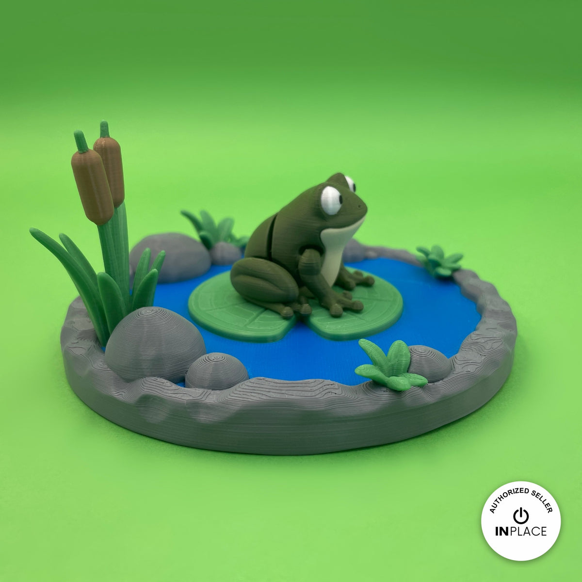 3D printed lily pond platform by RU3D, shown with the Frog keychain
