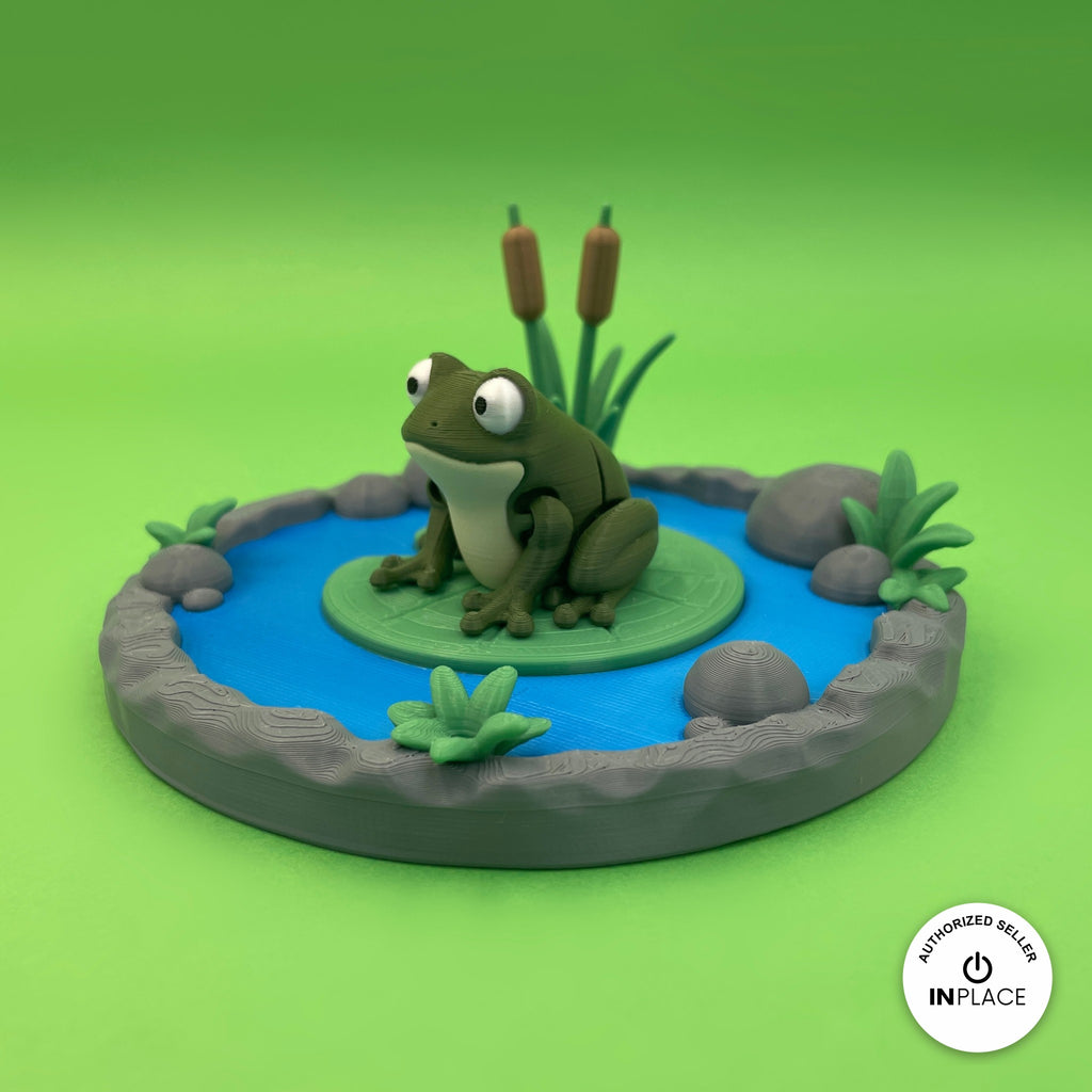 3D printed lily pond platform by RU3D, shown with the Frog keychain