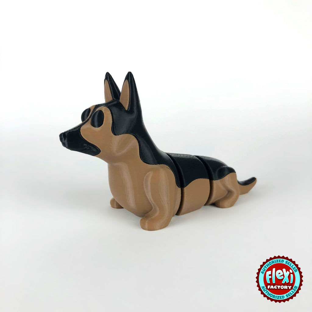 Cute German shepherd keychain, 3D printed by RU3D – dark eyes three quarter view facing left. Black and tan.