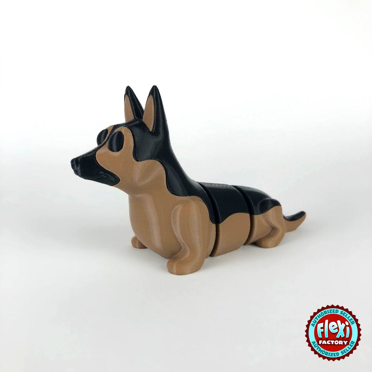 Cute German shepherd keychain, 3D printed by RU3D – dark eyes three quarter view facing left. Black and tan.