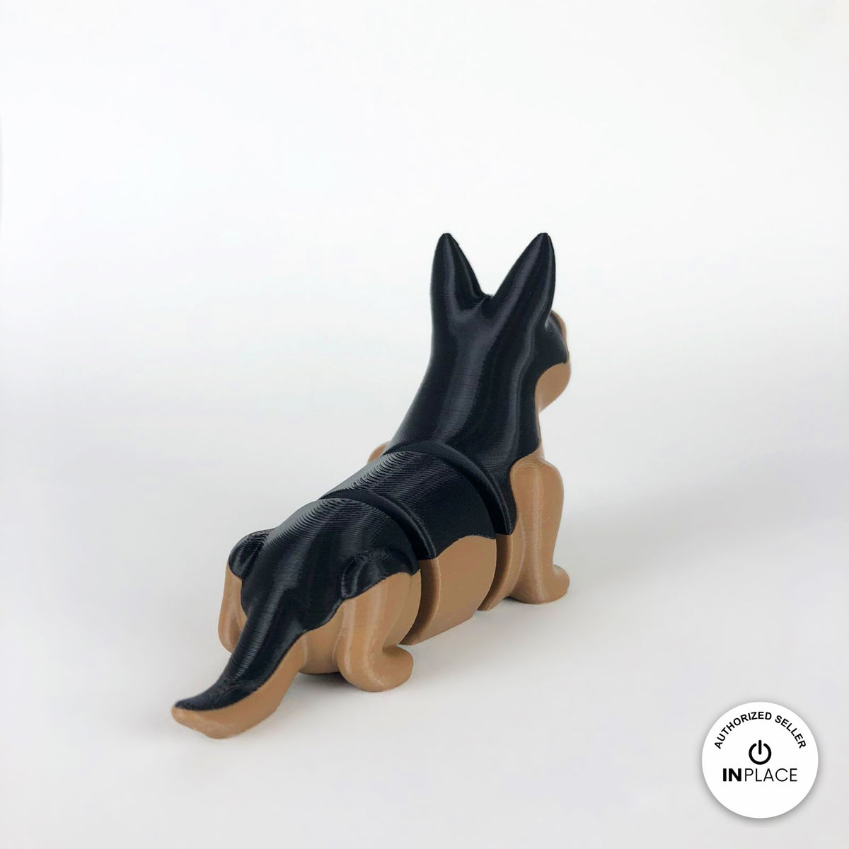 Cute German shepherd keychain, 3D printed by RU3D – rear view. Black and tan.