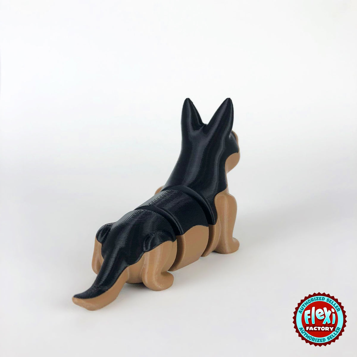 Cute German shepherd keychain, 3D printed by RU3D – rear view. Black and tan.
