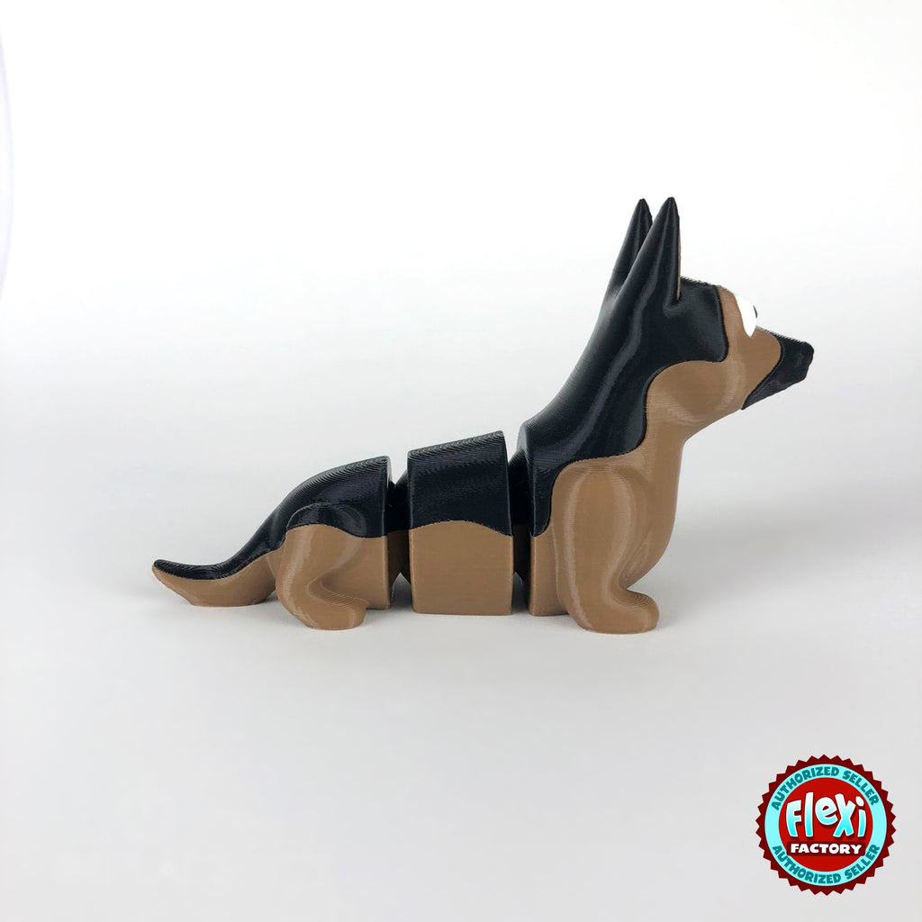 Cute German shepherd keychain, 3D printed by RU3D – side view facing right. Black and tan.