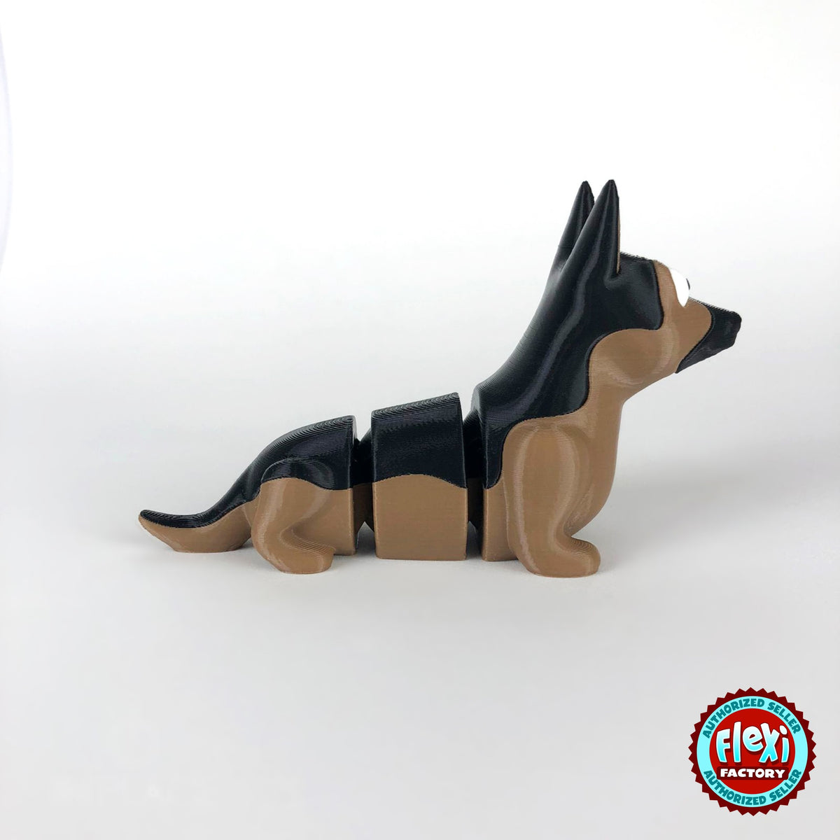 Cute German shepherd keychain, 3D printed by RU3D – side view facing right. Black and tan.