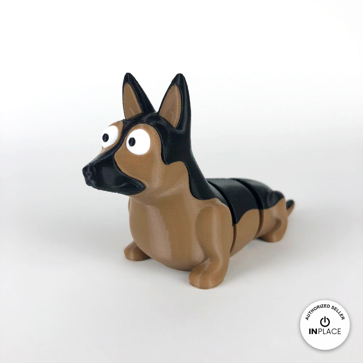 Cute German shepherd keychain, 3D printed by RU3D – three quarter view facing left. Black and tan.
