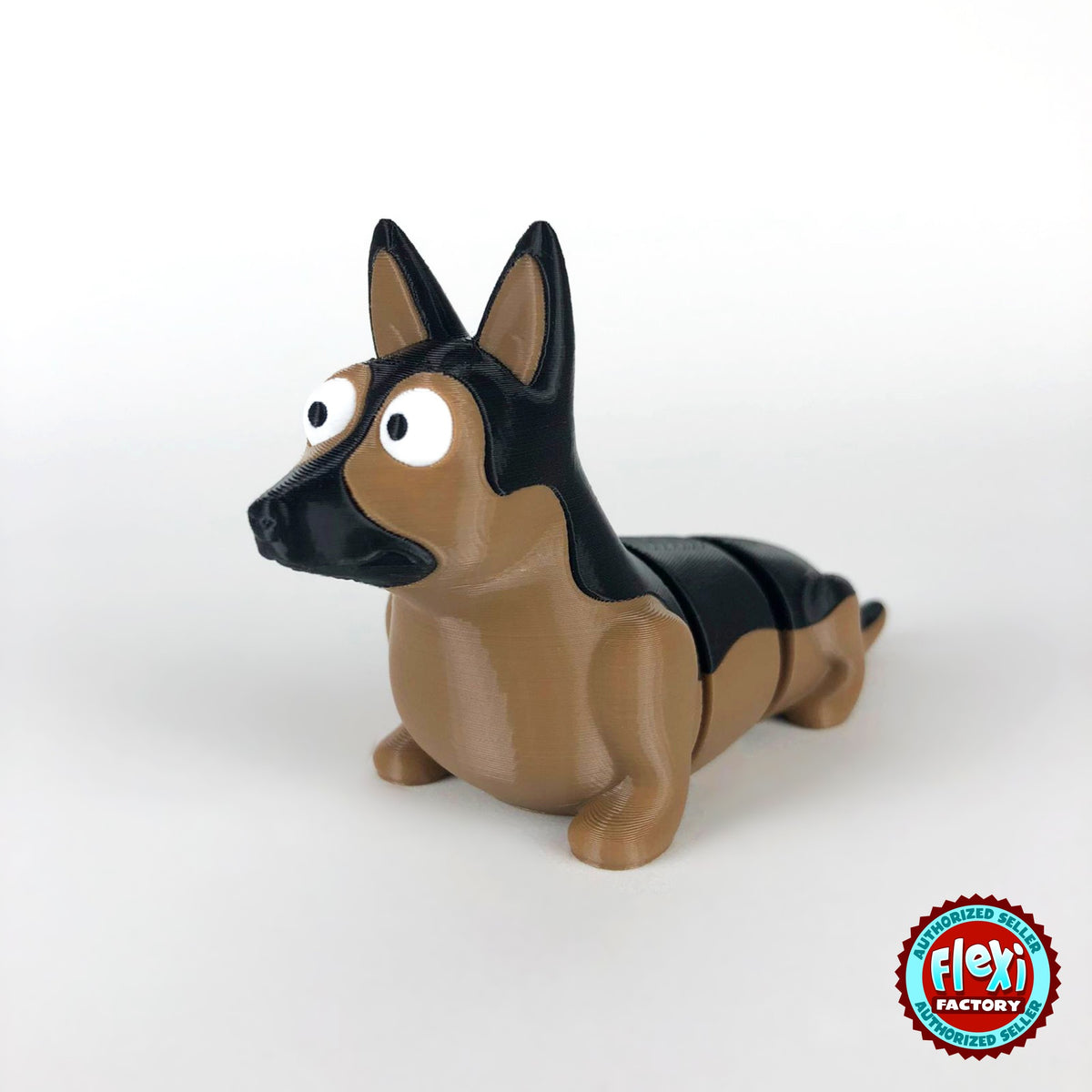 Cute German shepherd keychain, 3D printed by RU3D – three quarter view facing left. Black and tan.