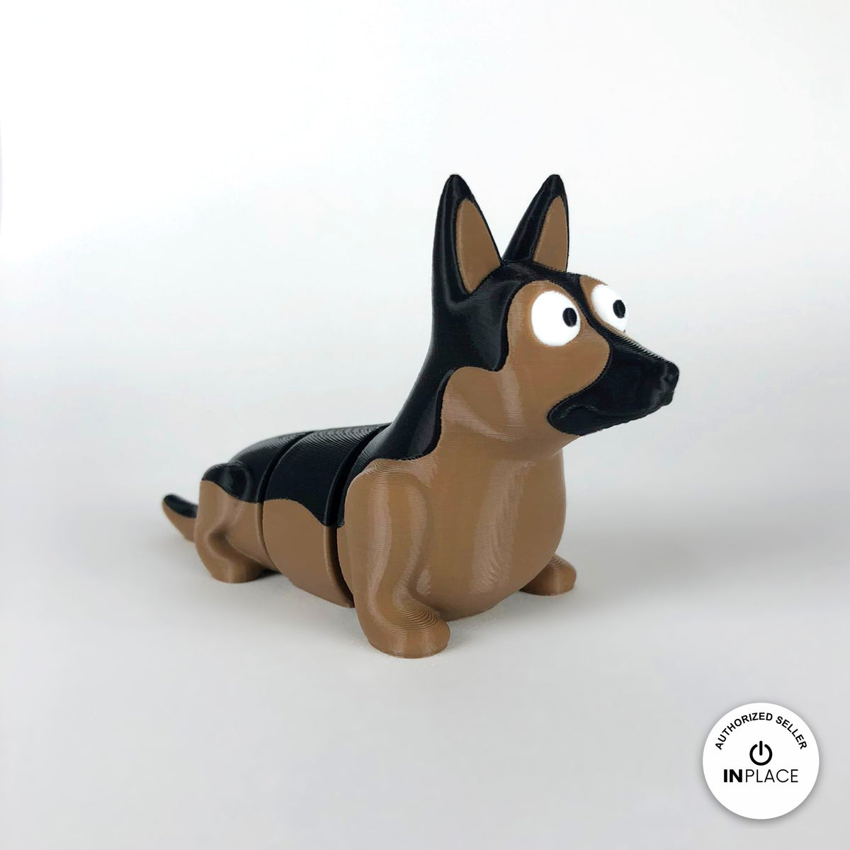 Cute German shepherd keychain, 3D printed by RU3D – three quarter view facing right. Black and tan.