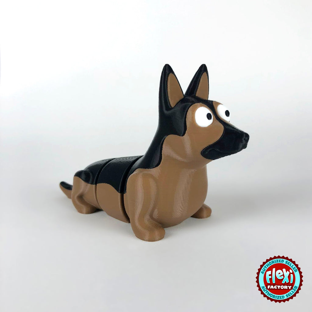 Cute German shepherd keychain, 3D printed by RU3D – three quarter view facing right. Black and tan.