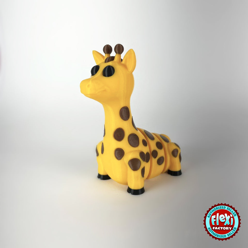 Cute giraffe keychain, 3D printed by RU3D – dark eyes three quarter view facing left. Yellow with brown spots.