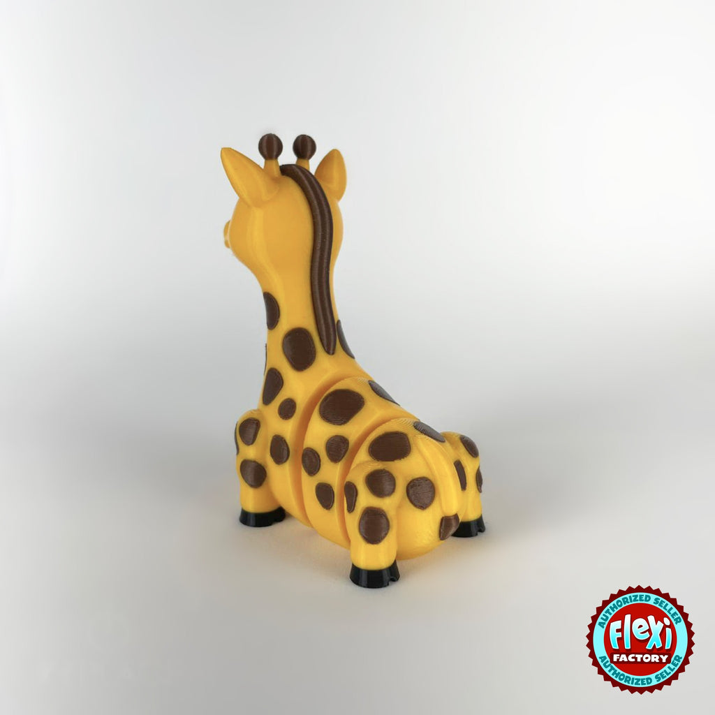 Cute giraffe keychain, 3D printed by RU3D – rear three quarter view. Yellow with brown spots.