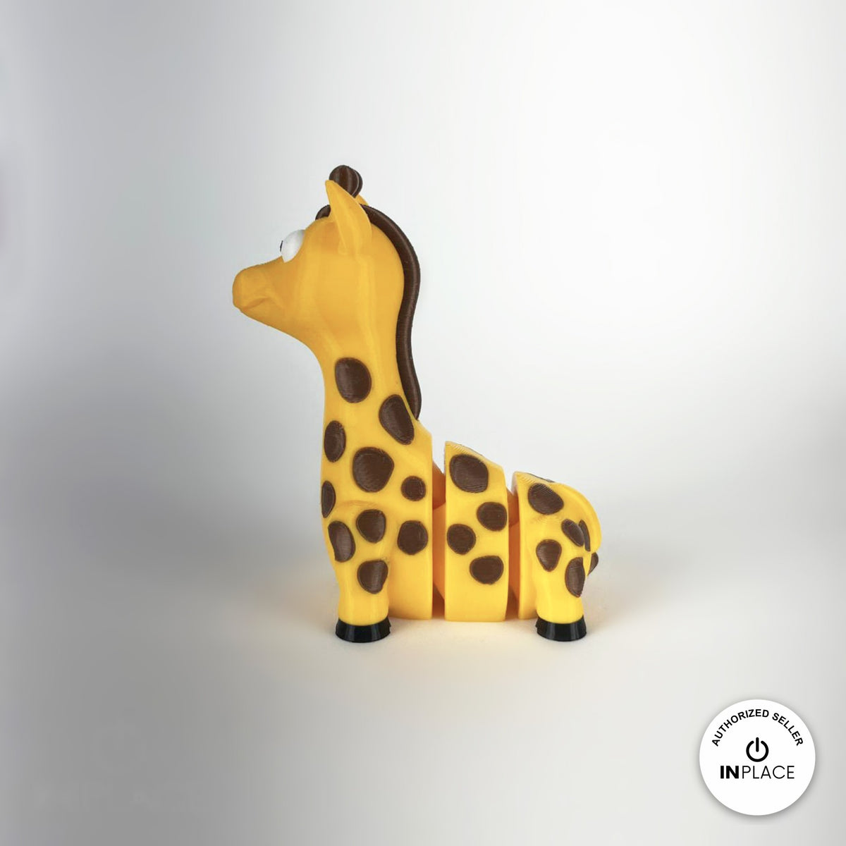 Cute giraffe keychain, 3D printed by RU3D – side view facing left. Yellow with brown spots.