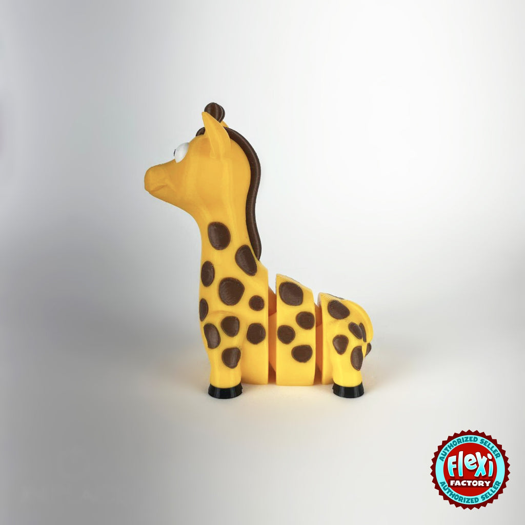 Cute giraffe keychain, 3D printed by RU3D – side view facing left. Yellow with brown spots.