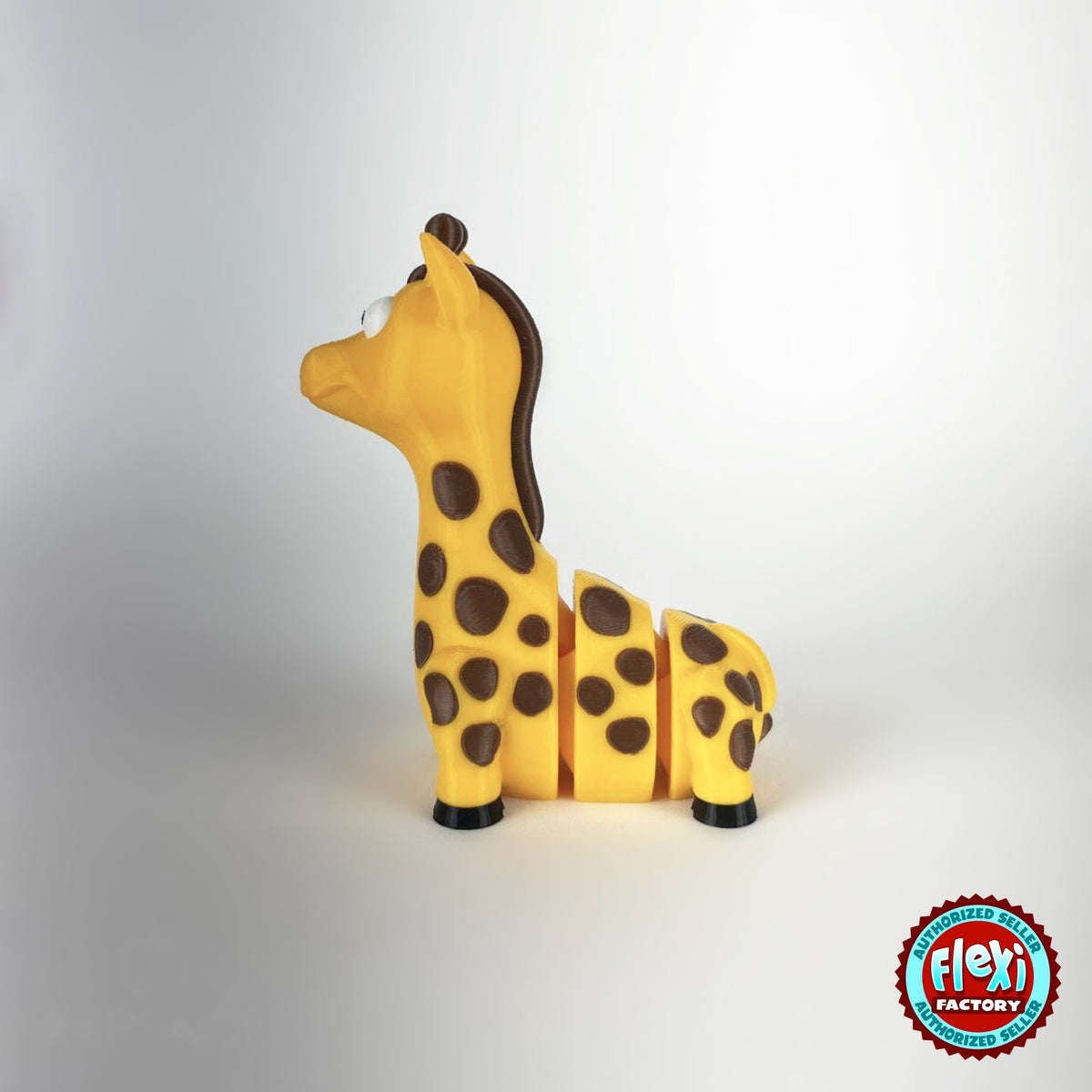 Cute giraffe keychain, 3D printed by RU3D – side view facing left. Yellow with brown spots.