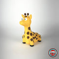 Cute giraffe keychain, 3D printed by RU3D – three quarter view facing left. Yellow with brown spots.
